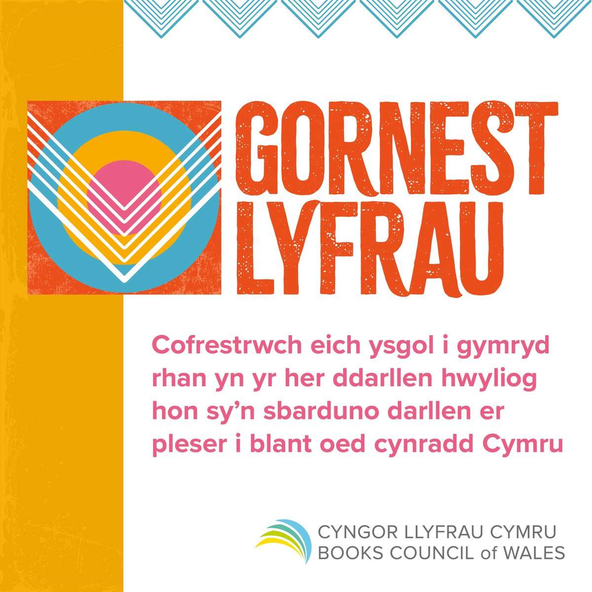 Cyngor Llyfrau Cymru (@llyfraucymru) on Twitter photo Dathlwch ddarllen drwy’n Gornest Lyfrau - cystadleuaeth i ddarllenwyr Bl. 3 - 6.
Mae #GornestLyfrau yn agored i ysgolion cyfrwng Cymraeg, Saesneg a Trawsieithol.
Cofrestrwch eich ysgol gyda’ch trefnwyr sirol lleol cyn 19.1.24.
Am fwy o wybodaeth:
📧cllc.plant@llyfrau.cymru Dathlwch ddarllen drwy’n Gornest Lyfrau - cystadleuaeth i ddarllenwyr Bl. 3 - 6.
Mae #GornestLyfrau yn agored i ysgolion cyfrwng Cymraeg, Saesneg a Trawsieithol.
Cofrestrwch eich ysgol gyda’ch trefnwyr sirol lleol cyn 19.1.24.
Am fwy o wybodaeth:
📧cllc.plant@llyfrau.cymru