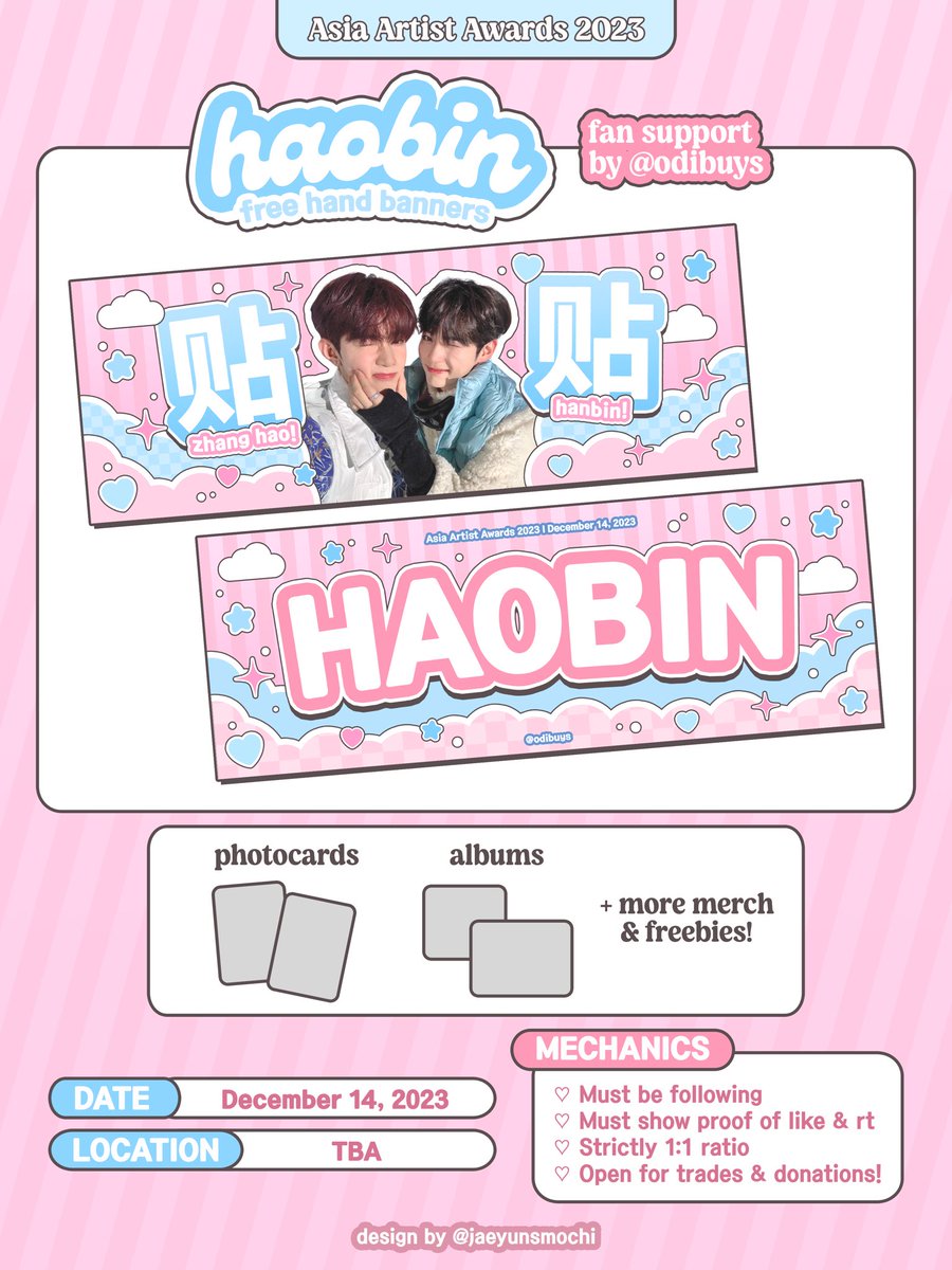 ✩°｡ ⋆⸜ AAA 2023 HAOBIN FAN SUPPORT ⋆𐙚₊˚⊹♡
     ⠀     ⠀     ⠀for mirrorz by <a href="/odibuys/">🍥</a>

✿ includes hand banners &amp; assorted merch !
✿ check pubmat for more details ✧˚. ᵎᵎ 

see you there, zerose ! 🐹🎻🩵🩷

<a href="/ZB1_official/">ZEROBASEONE</a> #장하오 #성한빈 #AAA2023inPH