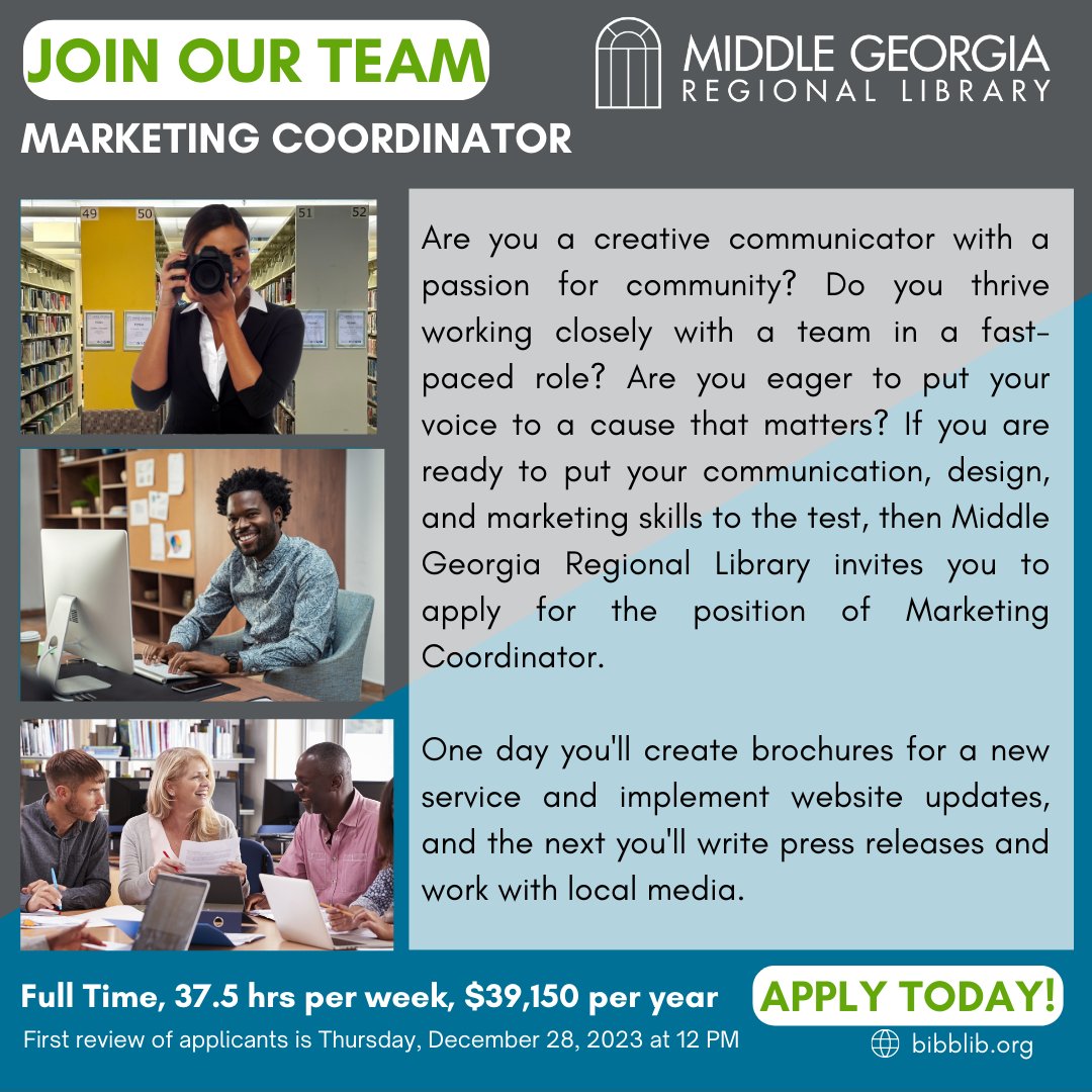Join our team! We're looking for someone with great communication skills and creativity. The anticipated start date for this position is January 22. Learn more at bibblib.org/job_detail_T55…