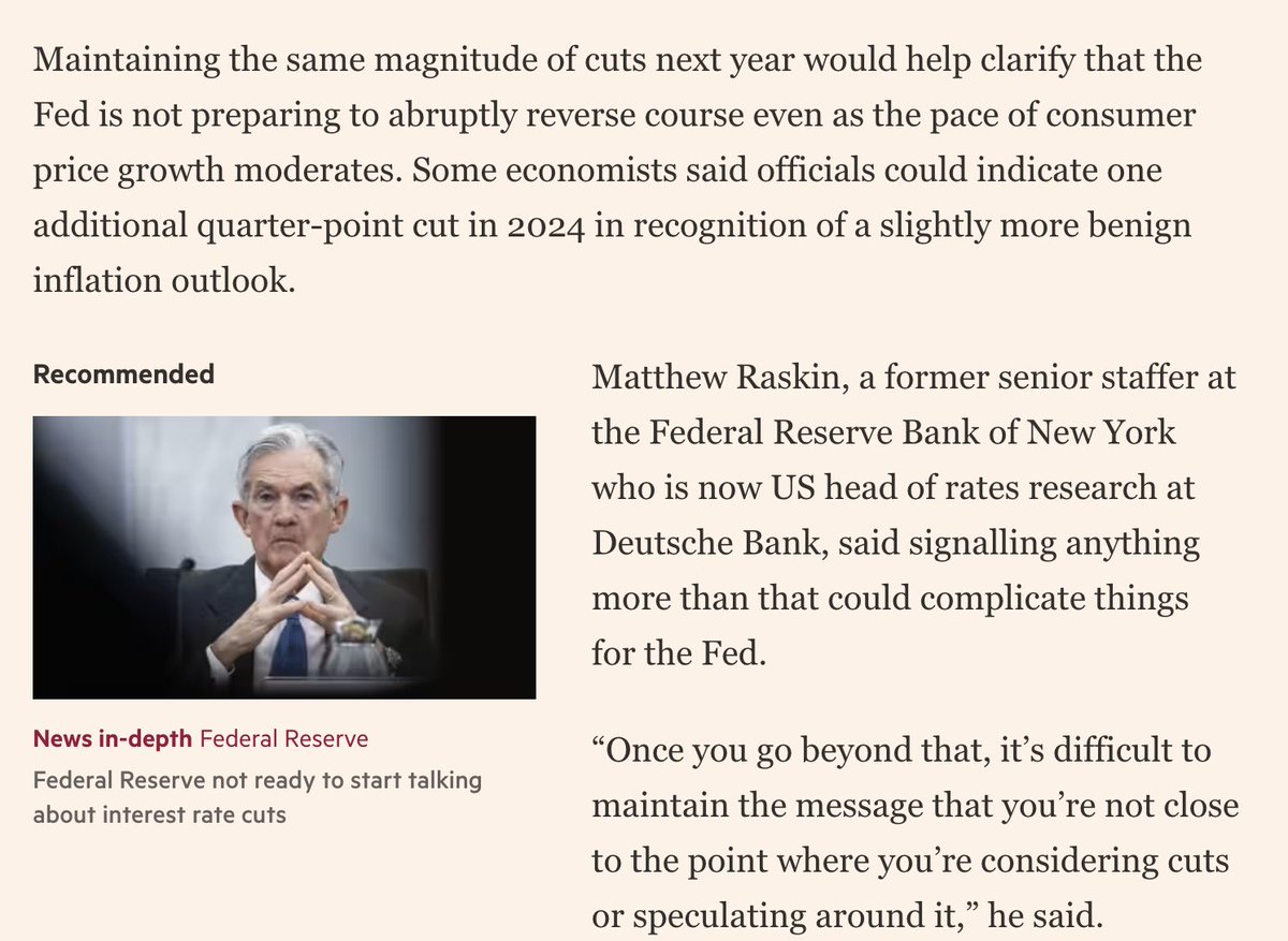 All eyes today will be on the Fed's updated SEP and how many cuts next year are pencilled in by officials. Maintaining the same magnitude as September (50bps) would help to drive home the point that the Fed is not preparing anything imminent ft.com/content/990024… @FT