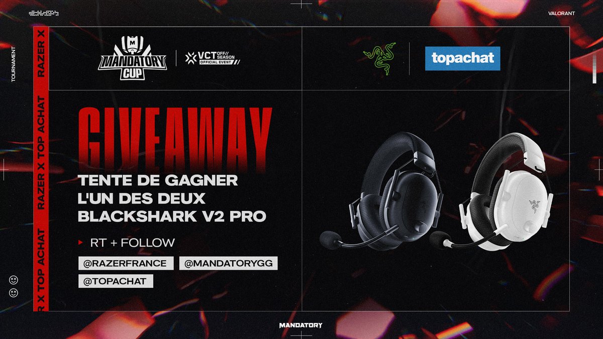 Mandatory (@mandatorygg) on Twitter photo A l'occasion de la #MandatoryCup, <a href="/RazerFrance/">R Λ Z Ξ R 🇫🇷</a> et <a href="/TopAchat/">TopAchat #JeuConfigo</a> vous font de gagner 2 BlackShark V2 Pro : le must du casque gaming sans fil 🤌
Pour participer 👇
RT + Follow <a href="/RazerFrance/">R Λ Z Ξ R 🇫🇷</a>, <a href="/TopAchat/">TopAchat #JeuConfigo</a> et <a href="/MandatoryGG/">MANDATORY</a>
📆 2 gagnants tirés au sort le 20/12 A l'occasion de la #MandatoryCup, <a href="/RazerFrance/">R Λ Z Ξ R 🇫🇷</a> et <a href="/TopAchat/">TopAchat #JeuConfigo</a> vous font de gagner 2 BlackShark V2 Pro : le must du casque gaming sans fil 🤌
Pour participer 👇
RT + Follow <a href="/RazerFrance/">R Λ Z Ξ R 🇫🇷</a>, <a href="/TopAchat/">TopAchat #JeuConfigo</a> et <a href="/MandatoryGG/">MANDATORY</a>
📆 2 gagnants tirés au sort le 20/12