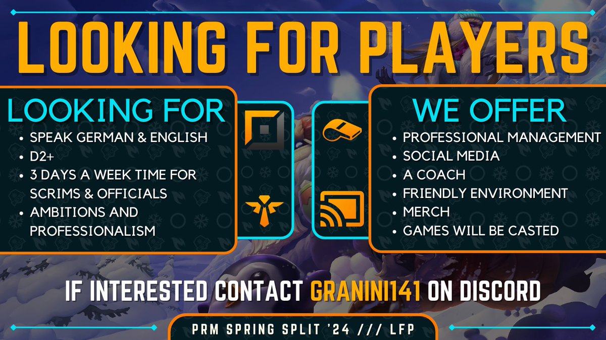 ArcticBlaze ❄️ (@teamarcticblaze) on Twitter photo ❄️ ArcticBlaze is looking for new players for our League Main Team 🔥
❇️ We are looking for Top, & Sup
❇️ The most important information can be found on the picture
❇️ If you are interested feel free to contact "granini141" on Discord
<a href="/lft_prime/">Prime League LFT</a> ❄️ ArcticBlaze is looking for new players for our League Main Team 🔥
❇️ We are looking for Top, & Sup
❇️ The most important information can be found on the picture
❇️ If you are interested feel free to contact "granini141" on Discord
<a href="/lft_prime/">Prime League LFT</a>