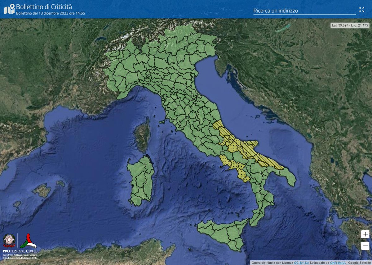 DPCgov's tweet image. 📆 Giovedì #14dicembre
🔔🟡 #allertaGIALLA meteo-idro su settori di Abruzzo, Campania, Molise e Puglia.
🔎 Consulta il bollettino nazionale per conoscere il livello e le zone di allerta sul territorio 👉 bit.ly/AllertaMeteoId…
#protezionecivile