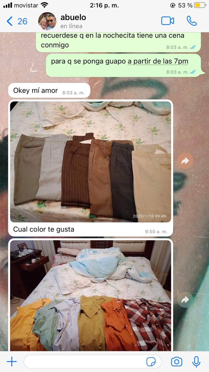 hoy es el cumpleaños de mi abuelo, como regalo le dije q en la noche iríamos a comer a donde el quisiera, hoy temprano me mando ftos para q escogiera q era lo q se iba a poner🥺