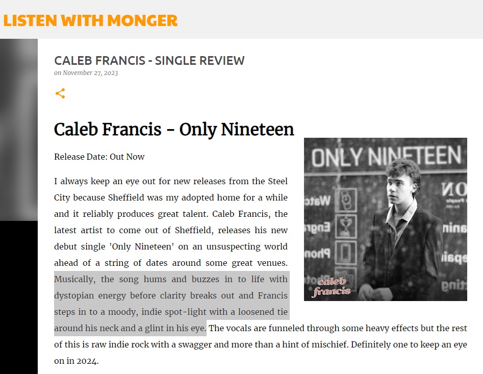 😍Review: @CalebFrancis_ - Only Nineteen😍 'Francis steps in to a moody, indie spot-light with a loosened tie around his neck and a glint in his eye.' - @ListenWivMonger Listen here: open.spotify.com/track/3ezM1ZWt… Read Here: listenwithmonger.blogspot.com/2023/11/caleb-…