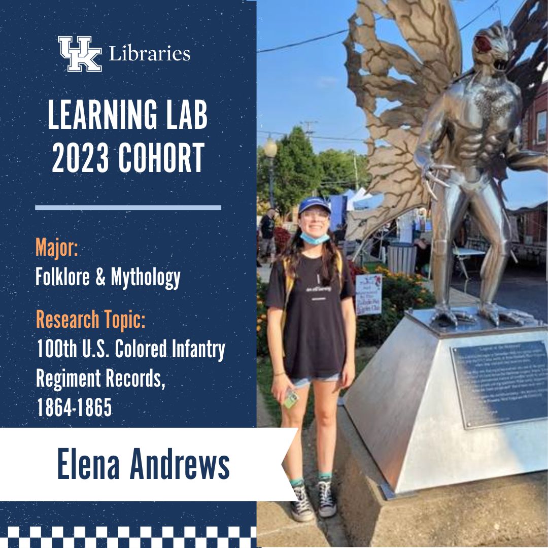 Introducing 2023-24 Learning Lab intern Elena Andrews! 🔎 Elena is a senior majoring in Folklore & Mythology. Her research topic is the 100th U.S. Colored Infantry Regiment Records (1864-1865). Stay tuned for our weekly Learning Lab cohort's introductions! 📚🔎