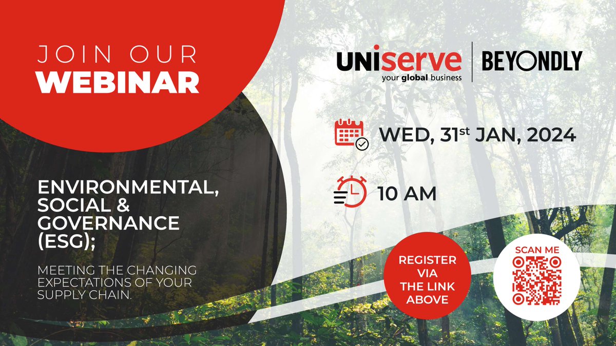 In partnership with Beyondly, we're delighted to share news of our webinar on Environmental, Social & Governance (#ESG); meeting the changing expectations of your supply chain.

Date: 31st January at 10am

Register today: ow.ly/8wu550QijV3

#sustainability #scope3emissions