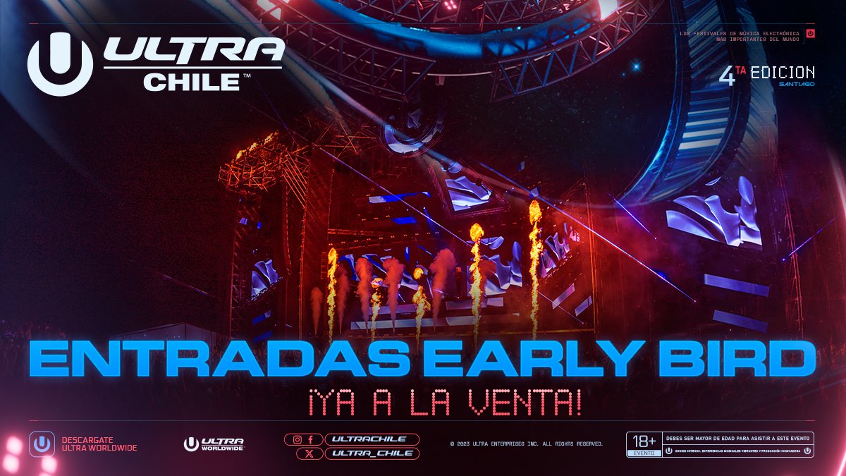 Ultra_Chile's tweet image. ¡Atencion Chile 🇨🇱! Comenzo la pre venta de entradas Early Bird✌️. Si te has registrado, revisa tu correo para acceder a los mejores precios de ULTRA CHILE el 20 de Abril, 2024 🔥 #ultra2024 #ultraexperience