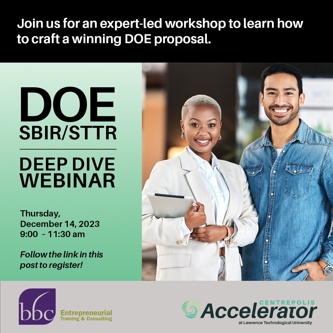 💻 Join us for a FREE Deep Dive Webinar on Thursday, December 14, 9:00 - 11:00 am to understand what’s needed for a successful DOE proposal, including strategies to construct a competitive R&D scope of work, budget, and commercialization plan. Register: us06web.zoom.us/webinar/regist…