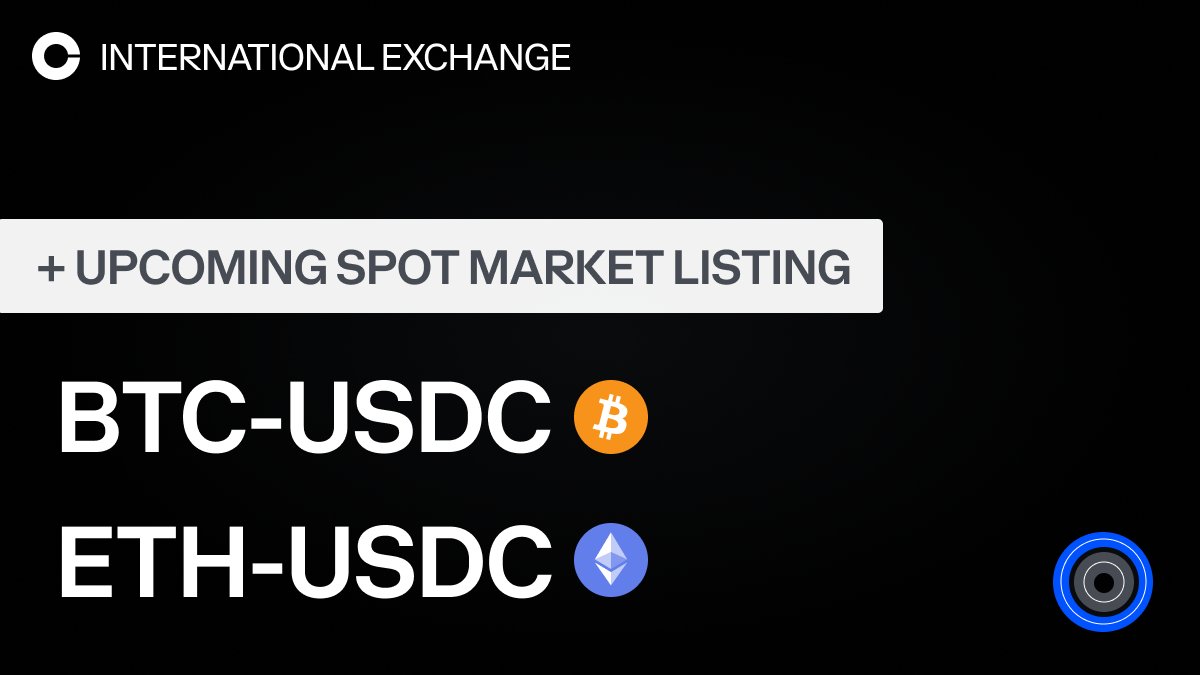 CoinbaseIntExch will add support for Bitcoin and Ethereum on Coinbase  International Exchange. The opening of our BTC-USDC and ETH-USDC markets  will begin on or after 10am UTC on 14 December 2023, in