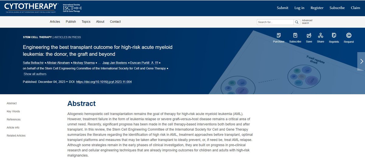 Have you read the Cytotherapy publication from the ISCT Stem Cell Engineering Committee?

Read the latest on spotting AML risks, pre-transplant treatments, best transplant methods, and post-transplant steps to prevent or tackle relapse. 

Read now:
buff.ly/3NoxMgY