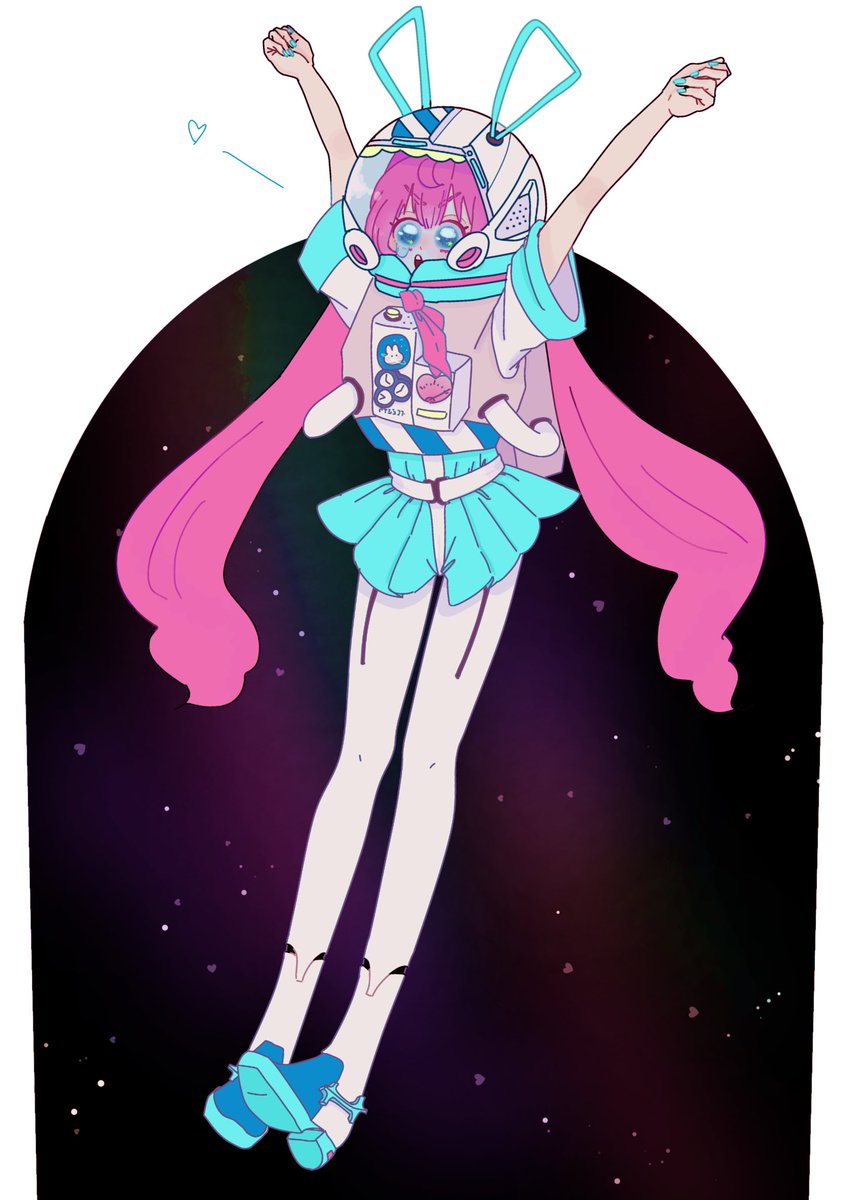 1girl solo pink hair space helmet long hair arms up skirt  illustration images
