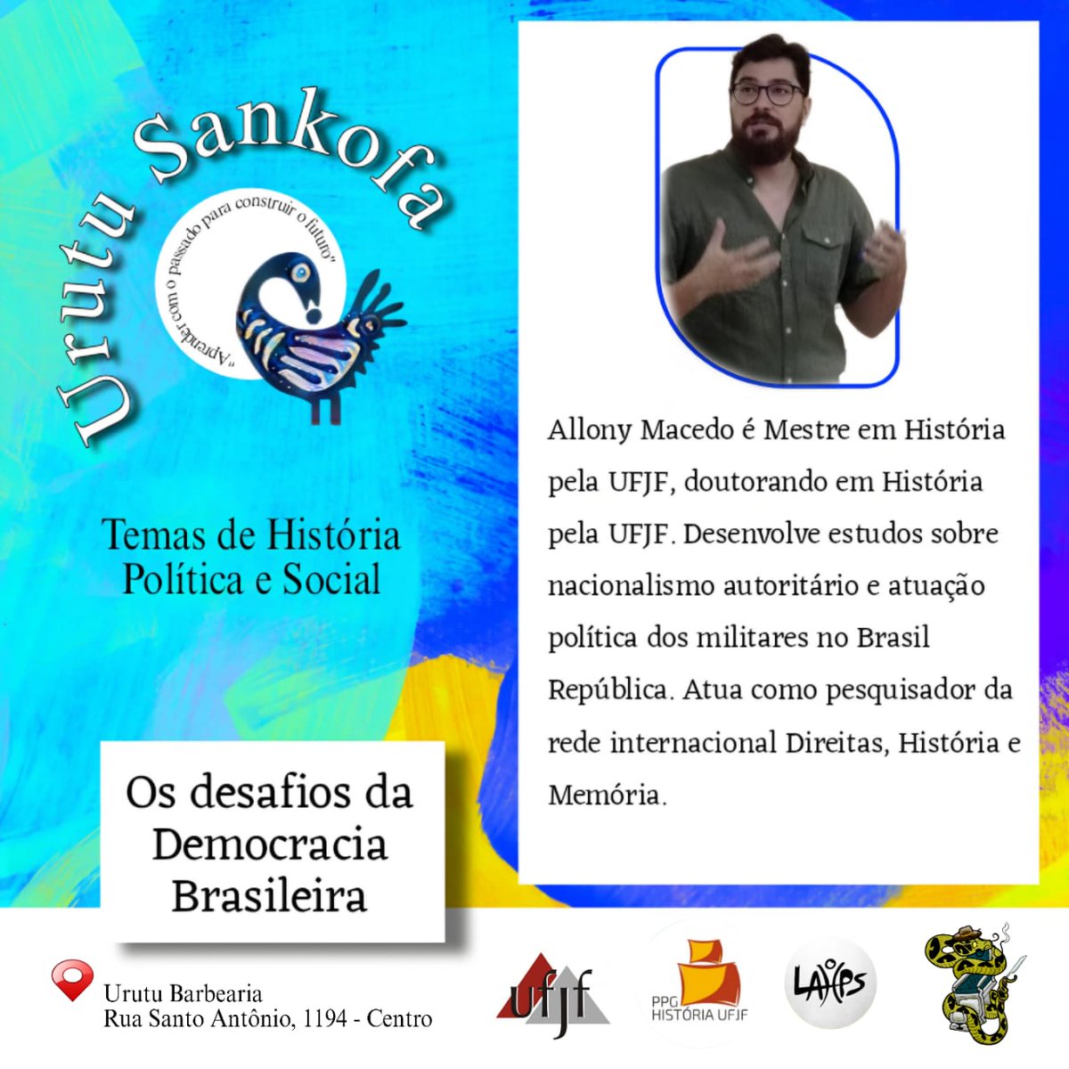 Urutu Sankofa

Nesta sexta-feira dia 15 de Dezembro, às 19h, realizaremos mais um encontro do Projeto Urutu Sankofa: aprender com o passado para construir o futuro.  Desta vez o tema será: "Os desafios da democracia brasileira", com Cláudia Viscardi e Allony Macedo.

Até lá!