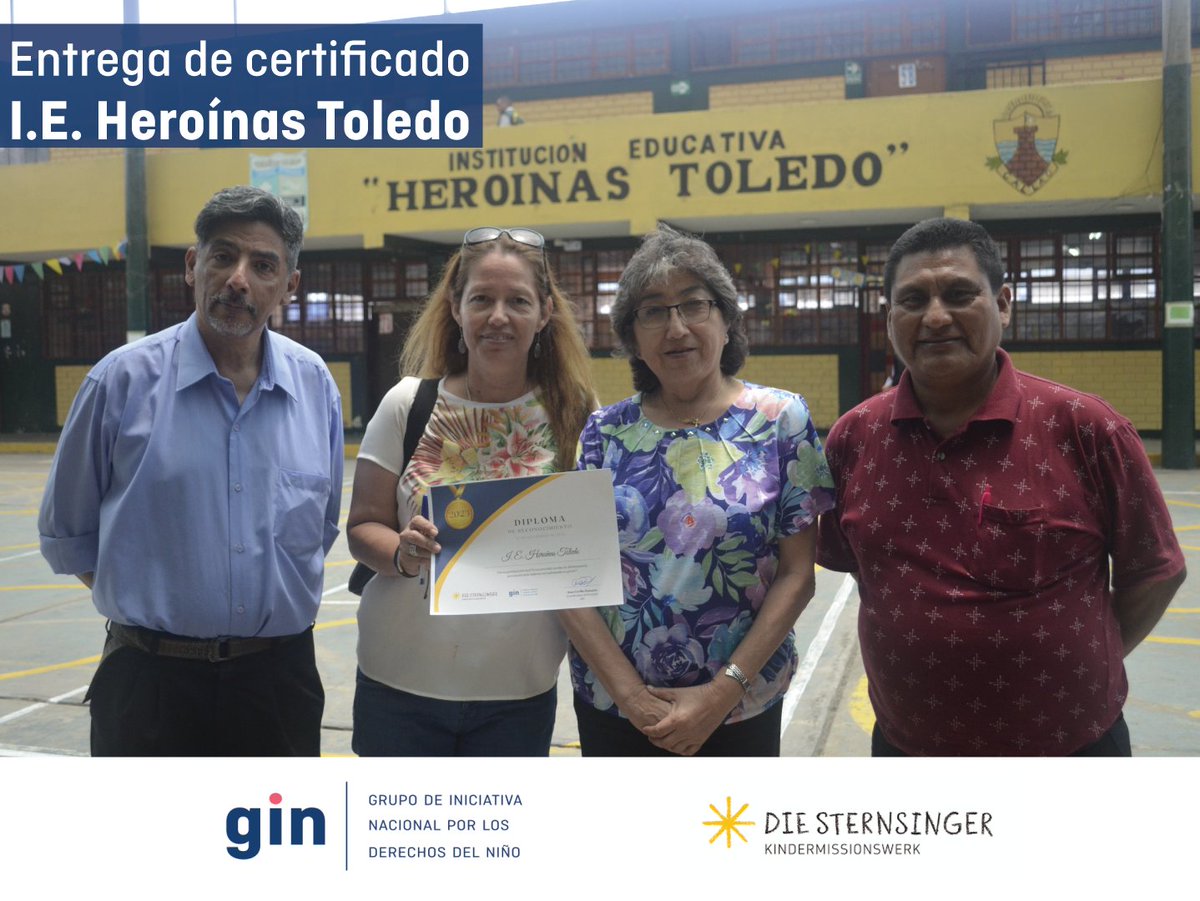 La I.E. Heroínas Toledo de la Región Callao recibe su certificado por la participación de sus estudiantes en el proyecto Empoderamiento de niñas, niños y adolescentes frente a la violencia de género del GIN, trabajado gracias al apoyo de Die Sternsinger 😉