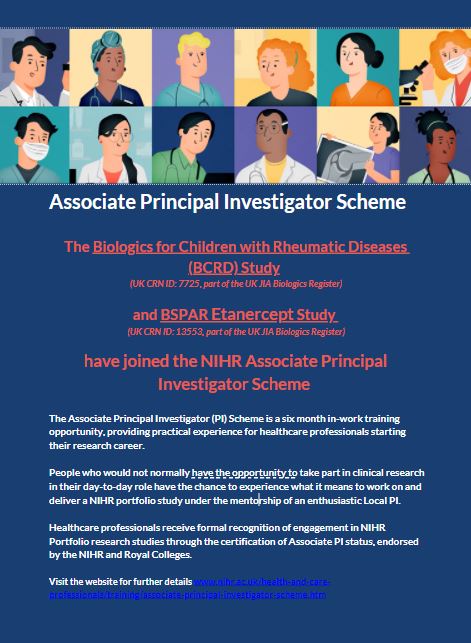 The UK JIA Biologics Register (<a href="/BCRD_Study/">UK JIA Biologics Register</a>  and BSPAR Etanercept Study) is part of the NIHR Associate Principal Investigator Scheme. 

🔗nihr.ac.uk/health-and-car…

If you would like to gain research experience via this programme please get in touch - katy.mowbray@manchester.ac.uk