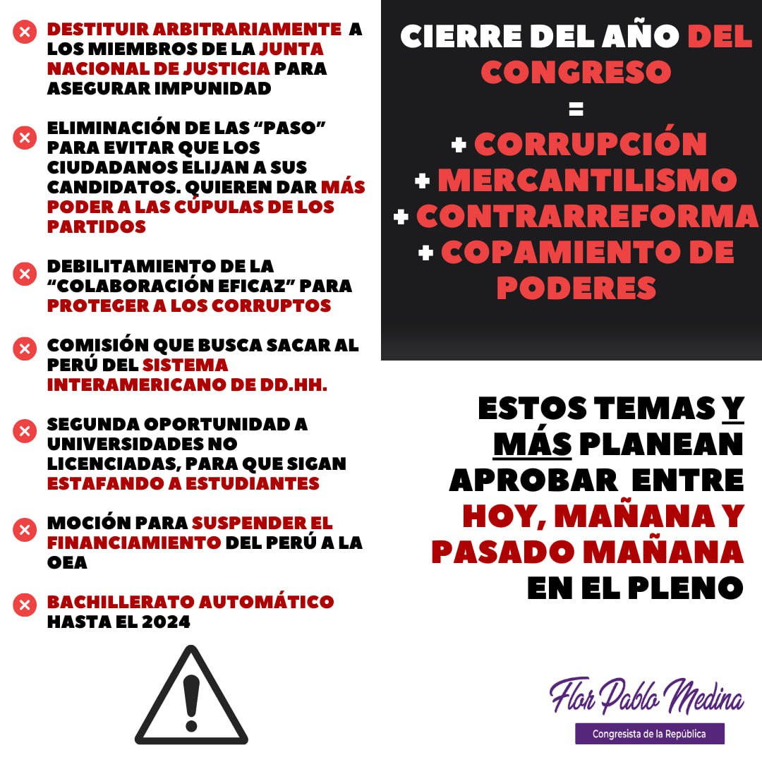 La mayoría del Congreso pretende cerrar el año 2023 con un paquete de leyes que ATENTAN la lucha contra la corrupción, la democracia, la educación de calidad y la institucionalidad. Están desesperados por beneficiar sus intereses y que la justicia no los alcance.

Compatriotas,