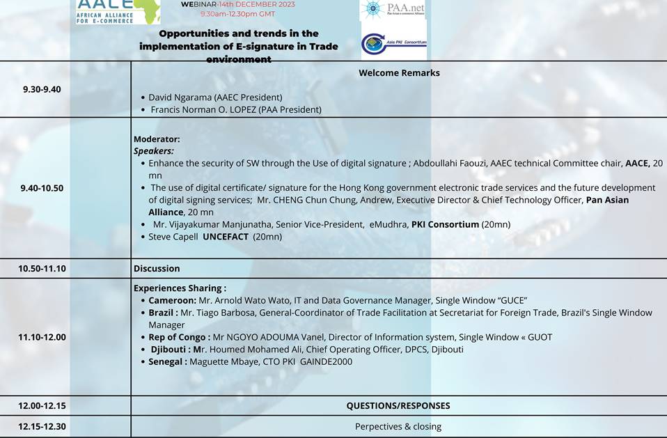 Rejoignez-nous pour échanger sur la dernière innovation en matière de signature électronique le jeudi 14 décembre de 9h30 à 12h30. GMT. Organisateurs : Alliance africaine pour le commerce électronique et Consortium panasiatique PKI. 
Inscription:
us02web.zoom.us/webinar/regist…