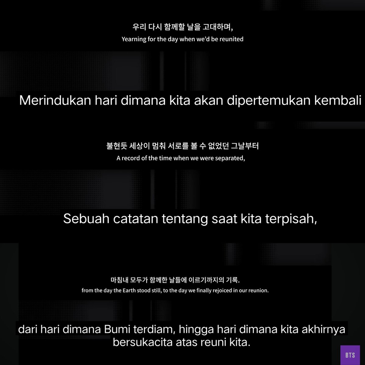 laviedenoona's tweet photo. “Merindukan hari dimana kita akan dipertemukan kembali, sebuah catatan tentang saat kita terpisah, dari hari dimana bumi terdiam hingga hari dimana kita akhirnya bersukacita atas reuni kita.” — ‘BEYOND THE STAGE’ 
BTS DOCUMENTARY PHOTOBOOK : THE DAY WE MEET 😭💜 https://t.co/DZ2rX2Qs3C