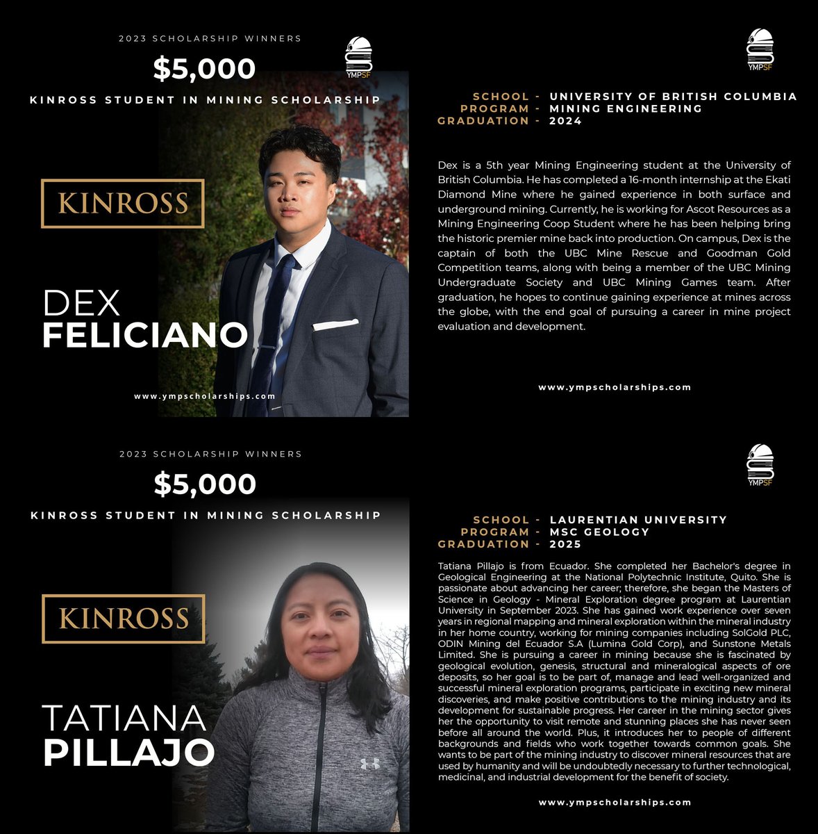 We are excited to announce the recipients of Kinross’ Student in Mining Scholarship in partnership with @YMPToronto! Congratulations Dex Feliciano from the University of British Columbia, and Tatiana Pillajo from Laurentian University!