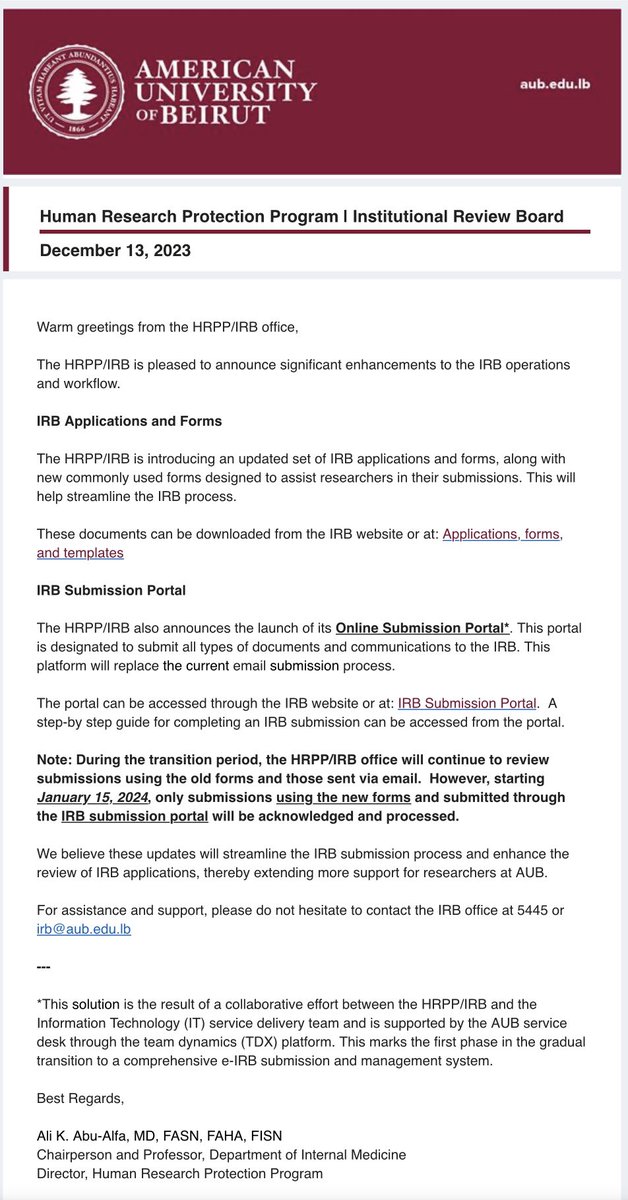 AUB IRB (@aub_irb) on Twitter photo New announcement by the HRPP/ IRB office. Please follow the link for more information aub.edu.lb/irb/Pages/anno…
<a href="/AUB_Lebanon/">American University of Beirut</a> New announcement by the HRPP/ IRB office. Please follow the link for more information aub.edu.lb/irb/Pages/anno…
<a href="/AUB_Lebanon/">American University of Beirut</a>