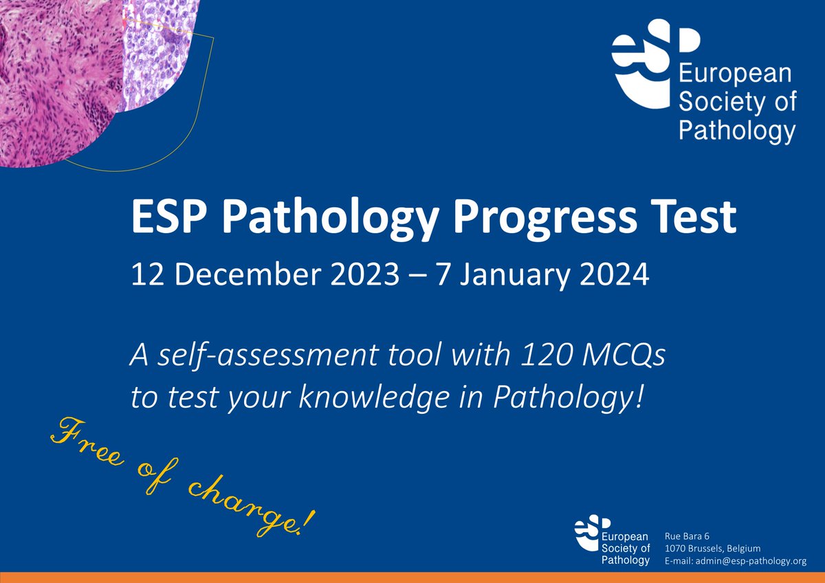 Just before the end of our 60th anniversary year, a successful educational tool is back: 
The ESP Pathology Progress Test!

☑️120 MCQs
☑️suitable for board examination preparation
☑️available to all pathologists
☑️FREE of charge!

For ℹ️ 👉esp-pathology.org/_Resources/Per…

#PathTwitter