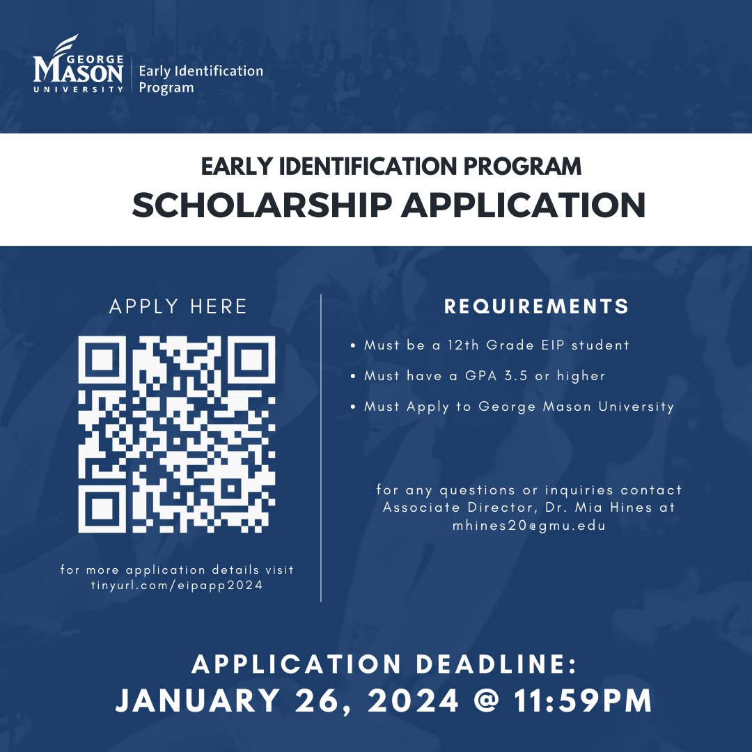 Reminder qualifying 12th graders ! the EIP scholarship application is NOW OPEN and due January 26th, 2024. Visit tinyurl.com/eipapp2024 for more info and requirement details !