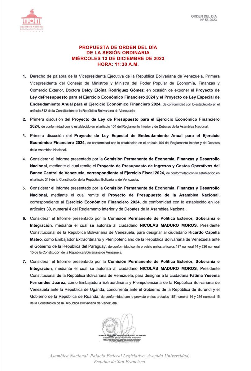 #SomosLoAfirmativo  PROPUESTA DE ORDEN DEL DÍA 
Miércoles  #13Dic  11:30 am
AsambleaNacional 🇻🇪
#SesiónOrdinaria