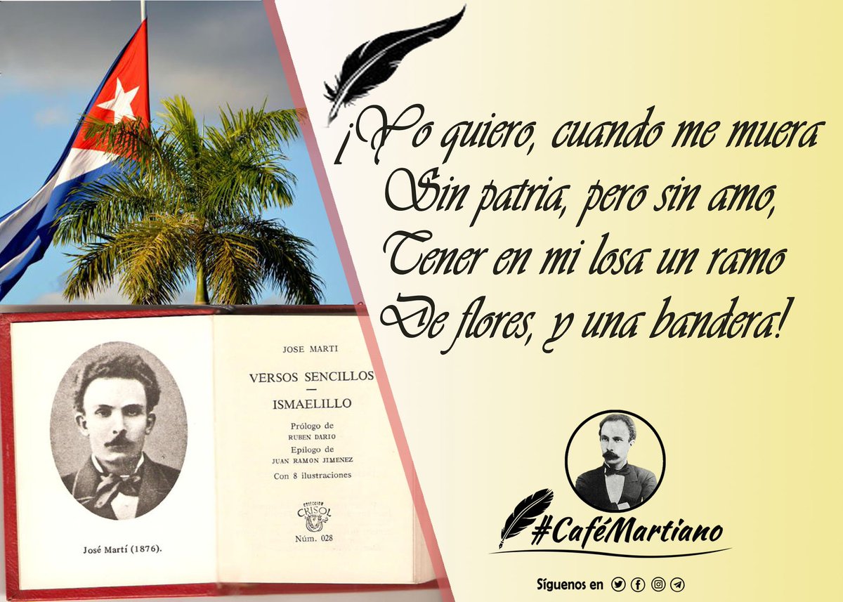 @cafemartiano @DiazCanelB @DrRobertoMOjeda @InesMChapman @PartidoPCC @TeresaBoue @GHNordelo5 @FMC_Cuba @cdr_cuba @EVilluendasC @agnes_becerra #CubaEsAmor. Los versos sencillos de José Martí a 133 años de su lectura muestran la bondad del corazón de aquel hombre inmortal convertido en pueblo. #CubaEsCultura #ValoresTeam #LaurelesYOlivos