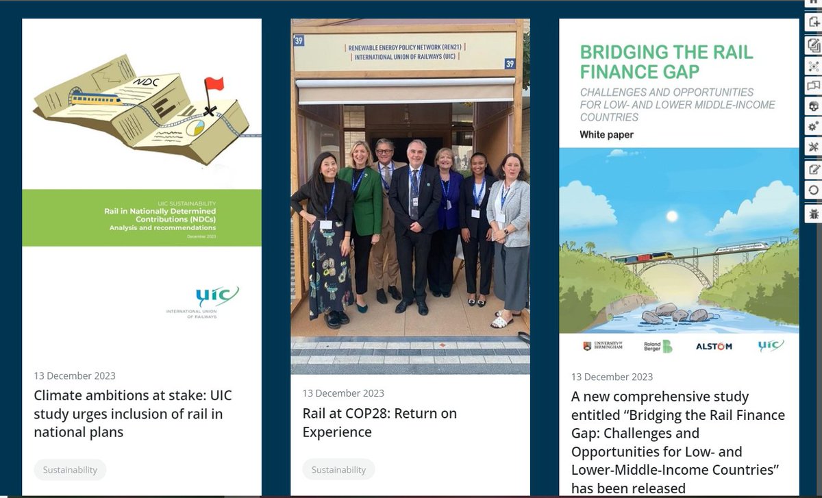 Please find the latest UIC eNews articles on the new study on “Rail in Nationally Determined Contributions: analysis and recommendations”, the UIC Delegation return of experience from COP28, the release of the study on 'Bridging the Rail Finance Gap'' uic.org/com/enews/