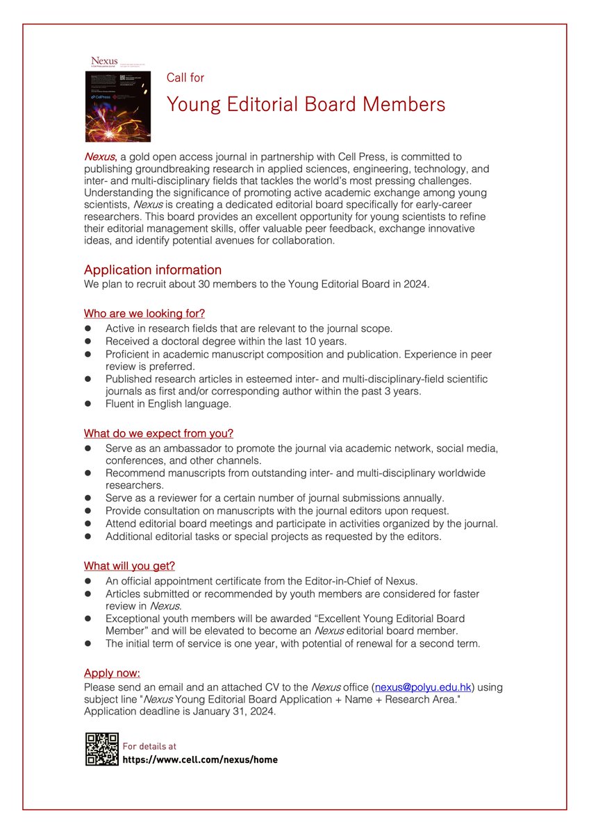 Nexus (@nexus_cellpress) on Twitter photo Nexus Journal (lnkd.in/eWgw6WMg): Call for Young Editorial Board Members. Apply now:
Please send an email and an attached CV to the Nexus office (nexus@polyu.edu.hk) using subject line "Nexus Young Editorial Board Application + Name + Research Area." DDL is 31/01/2024. Nexus Journal (lnkd.in/eWgw6WMg): Call for Young Editorial Board Members. Apply now:
Please send an email and an attached CV to the Nexus office (nexus@polyu.edu.hk) using subject line "Nexus Young Editorial Board Application + Name + Research Area." DDL is 31/01/2024.