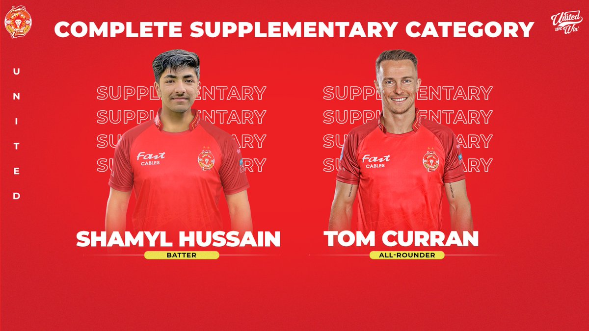 🚀 Supplementary Picks Revealed! Excited to announce that Shamyl Hussain and Tom Curran are joining us for #HBLPSL9. A blend of youthful talent and experienced all-round prowess ready to amplify the #ISLU squad. 🙌 #UnitedWeDraft #DraftedVictory #UnitedWeWin #HBLPSLDraft