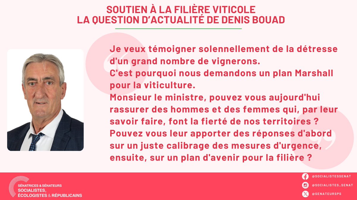 Sénatrices et sénateurs socialistes 🇪🇺 (@senateursps) on Twitter photo <a href="/Senat_Direct/">Sénat Direct</a> <a href="/DBouad/">Denis Bouad</a> <a href="/MFesneau/">Marc Fesneau</a> .<a href="/DBouad/">Denis Bouad</a> a interrogé <a href="/olivierveran/">Olivier Véran</a> : « Je veux témoigner de la détresse d'un grand nombre de vignerons.
Nous demandons un plan Marshall pour la viticulture.
Pouvez-vous rassurer des hommes et des femmes qui, par leur savoir faire, font la fierté de nos territoires ? » <a href="/Senat_Direct/">Sénat Direct</a> <a href="/DBouad/">Denis Bouad</a> <a href="/MFesneau/">Marc Fesneau</a> .<a href="/DBouad/">Denis Bouad</a> a interrogé <a href="/olivierveran/">Olivier Véran</a> : « Je veux témoigner de la détresse d'un grand nombre de vignerons.
Nous demandons un plan Marshall pour la viticulture.
Pouvez-vous rassurer des hommes et des femmes qui, par leur savoir faire, font la fierté de nos territoires ? »