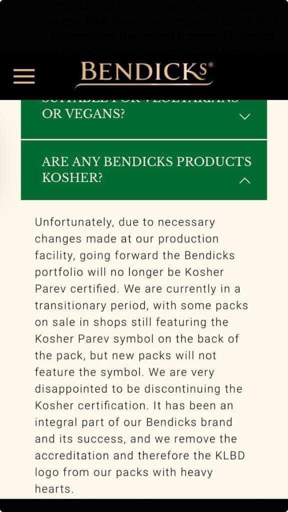 I have written to Bendicks and @KLBDkosher following the news their mints will not be Kosher certified. Bendicks was the winner of the Surrey Jewish Society’s Shabbat Chocolate of the Year 2018, 2019, 2022 and 2023. #SaveBritishShabbat #MakeBendicksKosherAgain