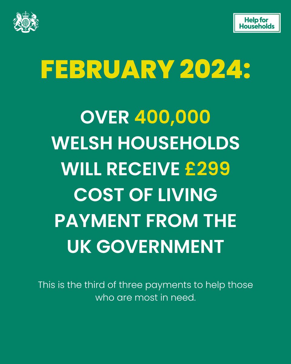The UK Government continues to help the most vulnerable Welsh households with the latest #CostOfLivingPayment.

Payments to eligible households are automatic and will begin on 6 Feb 2024.

👉 gov.uk/government/new…

@DWPgovuk #HelpForHouseholds