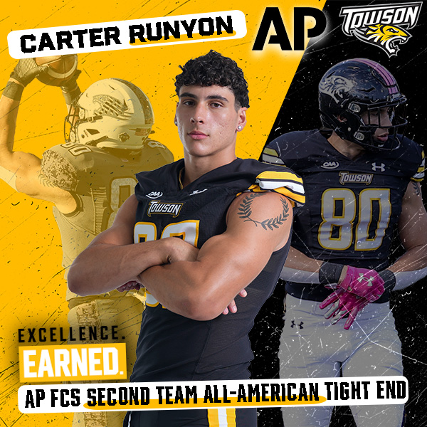 Congratulations to Carter Runyon, Towson's first-ever DI All-American tight end! 📰- towsontigers.com/news/2023/12/1… #GohTigers | #Arete