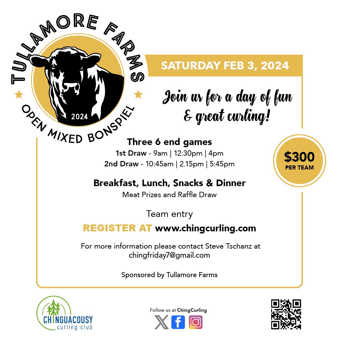 Our most popular mixed bonspiel is back!! The Tullamore Farms Open Mixed Bonspiel takes place on February 3rd! Any combination of team is welcome! Register here: chingcurling.com/index.php/even…
.
.
.
#curling #mixed #open #fun #active #brampton #sport #winter #bonspiels