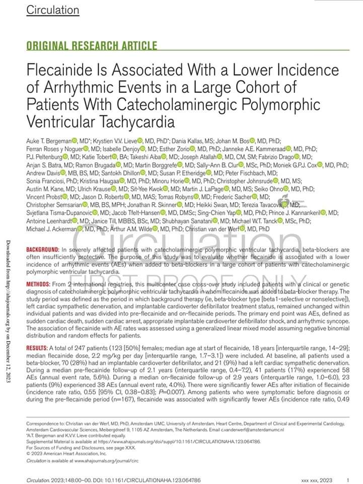 Flecainide Is Associated With a Lower Incidence of Arrhythmic Events in a Large Cohort of Pts With Catecholaminergic Polymorphic VT

In patients with #CPVT, #flecainide added to β-blocker therapy may decrease risk for #arrhythmicevents.  
➡️ahajournals.org/doi/10.1161/CI…
