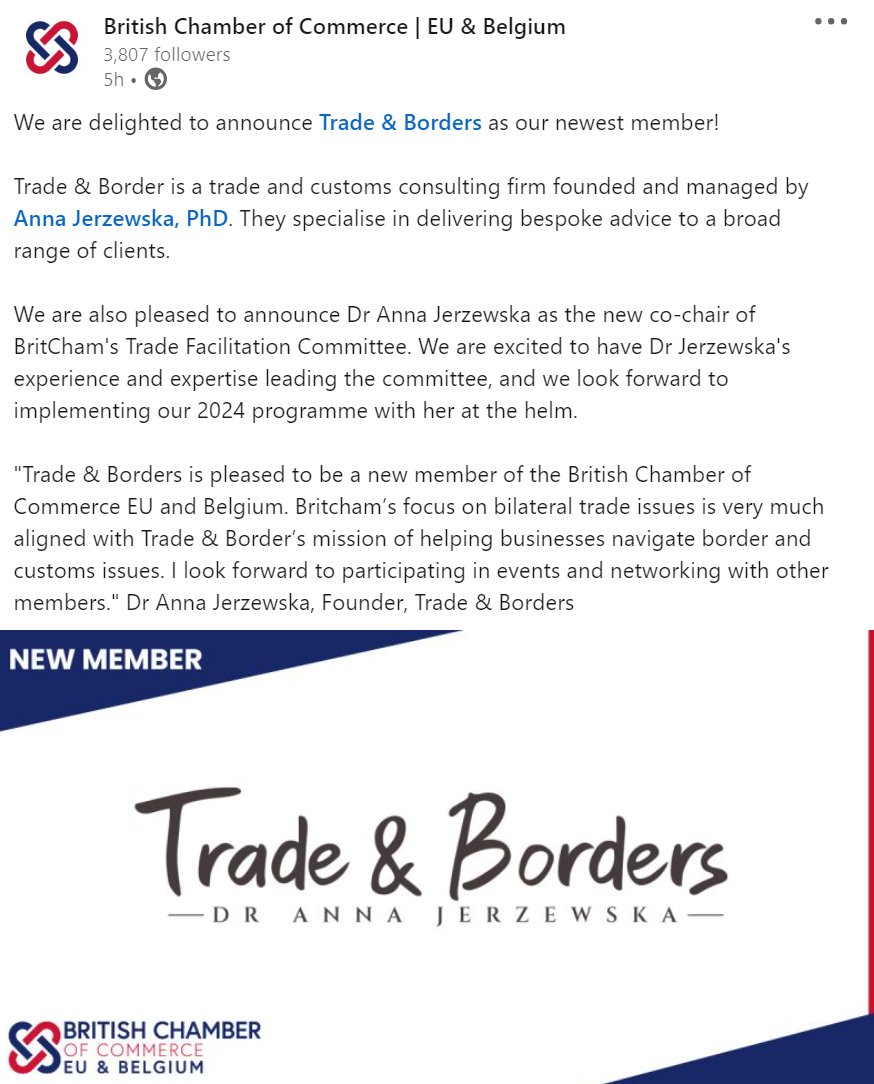 Delighted to announce that Trade & Borders has joined the @BritChamBxl and that I will be co-chairing BritCham's Trade Facilitation Committee with @Fergus_Brussels from @IOExport