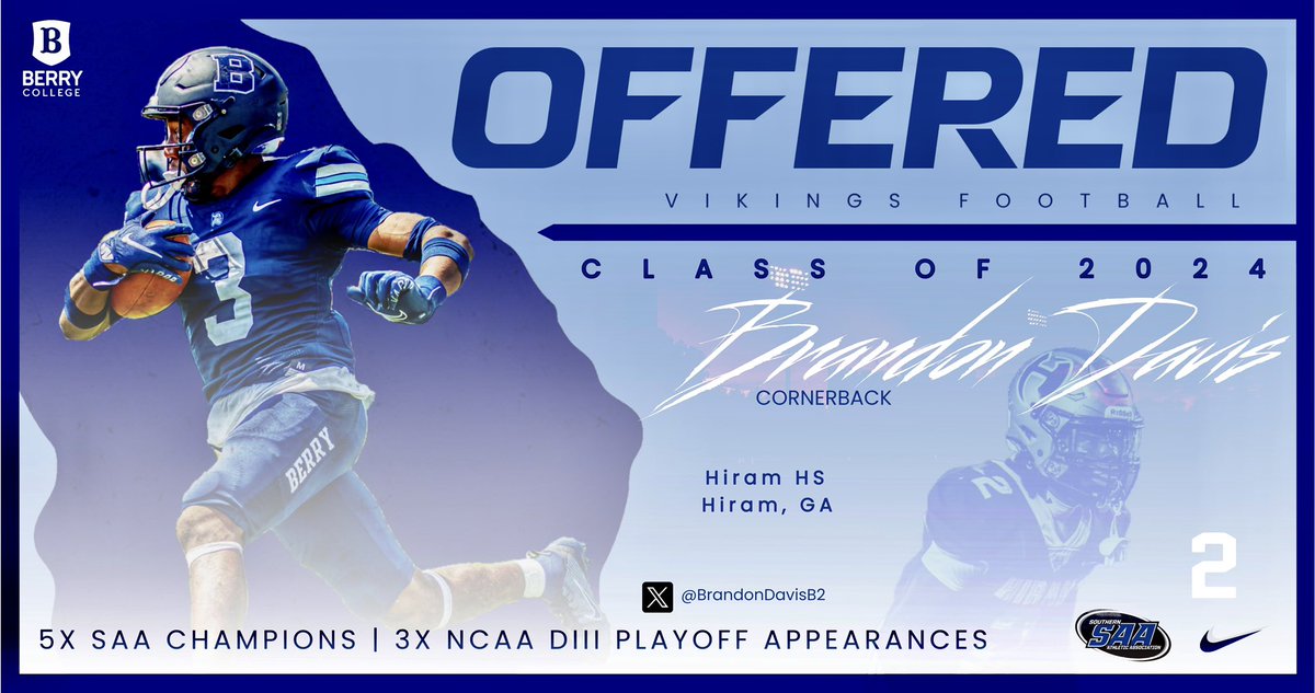 After a great conversation with <a href="/BCCoachK/">Tony Kunczewski</a> I am blessed to receive an offer from <a href="/BerryFootball/">Berry Football</a> ! <a href="/CoachFominaya/">Coach Fominaya, Ed.D.</a> <a href="/coach_jjack/">Coach JJackson</a> <a href="/McraeAlexavier/">Alexavier McRae</a> <a href="/NwGaFootball/">NwGa Football</a> <a href="/RecruitGeorgia/">Recruit Georgia</a>