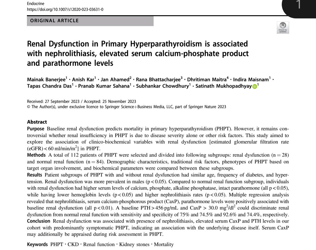 Anish Kar (@anishkar11) on Twitter photo Glad to be part of a publication from our institutional PHPT registry,detailing associations of renal dysfunction in primary hyperparathyroidism...
link.springer.com/article/10.100…
Thank you <a href="/mainak_endodoc/">Mainak Banerjee</a> @ satinath mukhopadhyay
#EndoTwitter #MedTwitter Glad to be part of a publication from our institutional PHPT registry,detailing associations of renal dysfunction in primary hyperparathyroidism...
link.springer.com/article/10.100…
Thank you <a href="/mainak_endodoc/">Mainak Banerjee</a> @ satinath mukhopadhyay
#EndoTwitter #MedTwitter