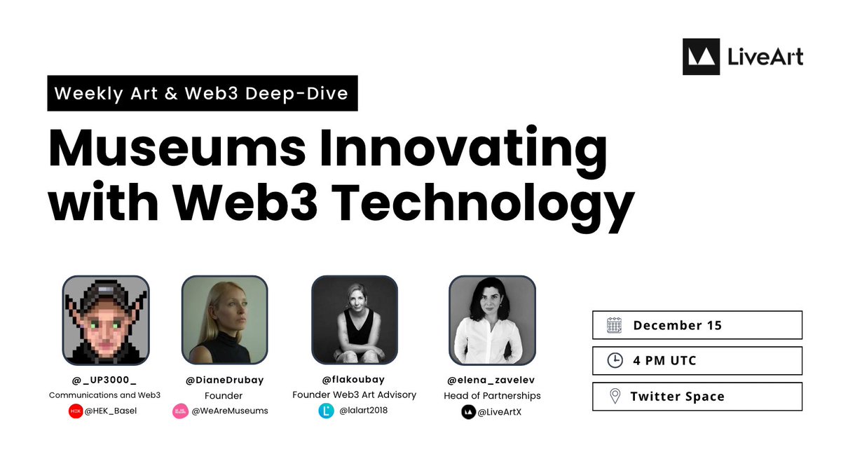 LiveArt (@liveartx) on Twitter photo Join us space tomorrow at 11 AM EST as we delve into Museums Innovating with #Web3 Technology, with <a href="/Elena_Zavelev/">Elena Zavelev</a>, <a href="/flakoubay/">Fanny Lakoubay</a> from <a href="/lalart2018/">LAL ART Advisory | lalart.eth</a>, <a href="/DianeDrubay/">Diane Drubay</a> from <a href="/WeAreMuseums/">We Are Museums</a>, Isabella Maund and <a href="/_UP3000_/">UP3000</a> from @HEK_Basel.
Participate for a chance to win the X Card!
✅ Join us space tomorrow at 11 AM EST as we delve into Museums Innovating with #Web3 Technology, with <a href="/Elena_Zavelev/">Elena Zavelev</a>, <a href="/flakoubay/">Fanny Lakoubay</a> from <a href="/lalart2018/">LAL ART Advisory | lalart.eth</a>, <a href="/DianeDrubay/">Diane Drubay</a> from <a href="/WeAreMuseums/">We Are Museums</a>, Isabella Maund and <a href="/_UP3000_/">UP3000</a> from @HEK_Basel.
Participate for a chance to win the X Card!
✅