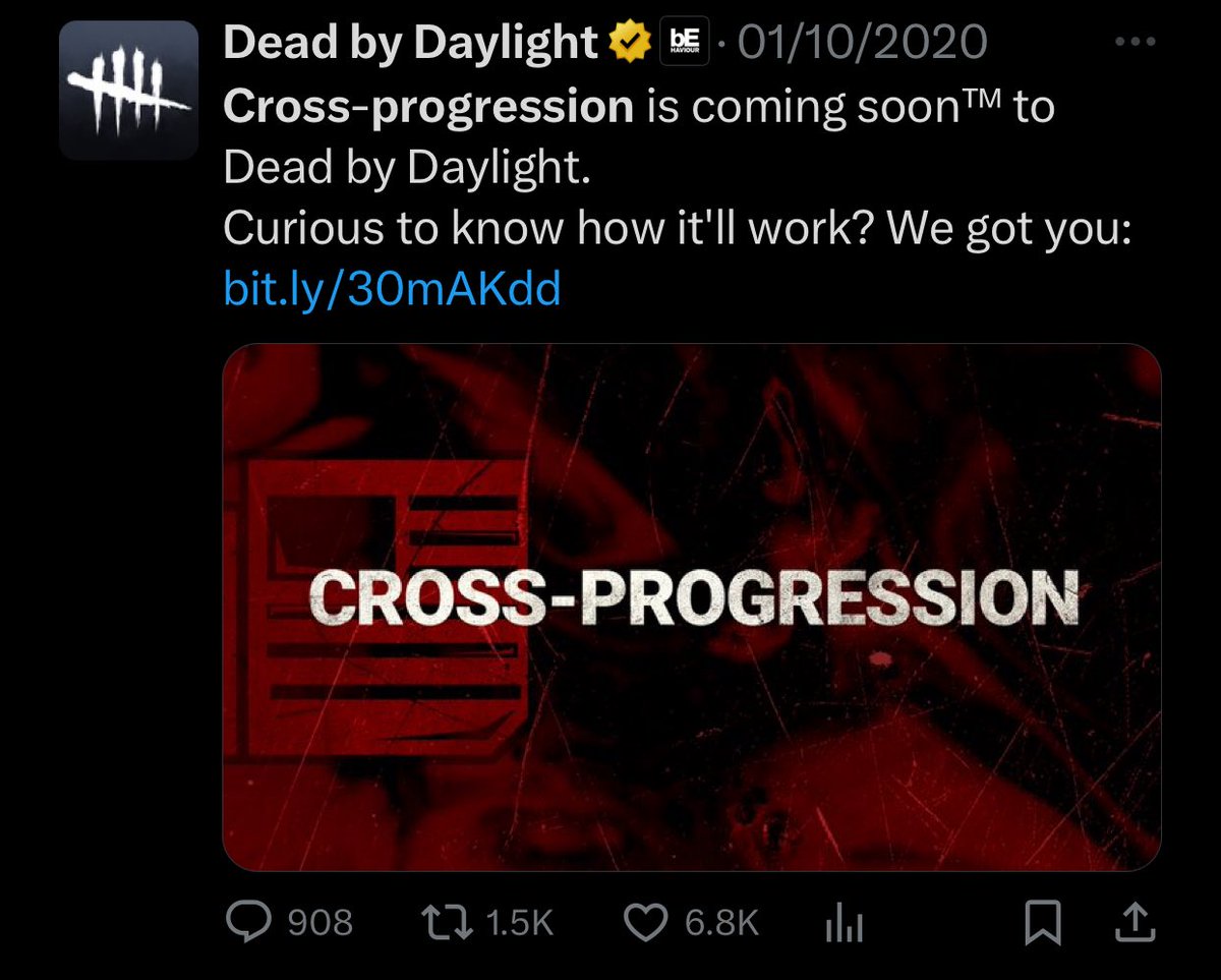 Fun fact, it’s been 1168 days since this tweet announced. 

That’s 3 years, 2 months, 1 week and 5 days.

Will cross progression ever be coming to Dead By Daylight? One can hope and never give up