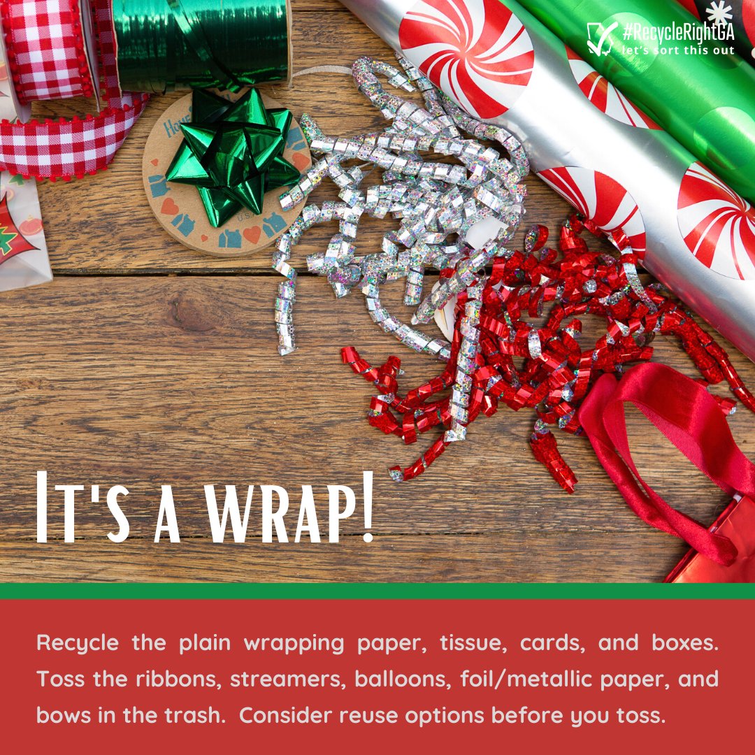 ATLPublicWorks on X: According to @Earth911, an estimated 2.3M lbs. of  wrapping paper goes to landfills. Consider sustainable gift wrapping  options. Recycle: (non-shiny/glittery) wrapping paper, tissue & boxes.  Toss: gift bags 