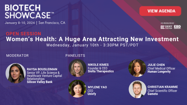 demy_sara's tweet photo. Special #BiotechShowcase2024 Workshop OPEN SESSION Highlight! Looking forward to this panel discussion featuring Raysa Bousleiman @SiliconVlyBank, Nikole Kimes @SioltaThera, @MyleneYao, Julie Chen @humanlongevity, @krammecc. See the full agenda here > https://t.co/9LmLoRpBFm https://t.co/pR4324GHFS
