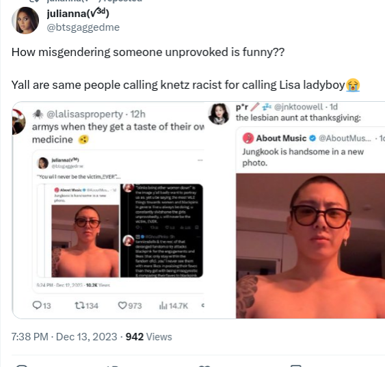 kchartsmasterss's tweet photo. so when y'all misgender and make transphobic remarks towards lisa unprovoked daily calling her 'lisaman' and 'ladyboy' you dgaf but when blinks start doing the same thing, everyone and their mommas show up as moral police. 😵‍💫 https://t.co/n2cB7rCATl