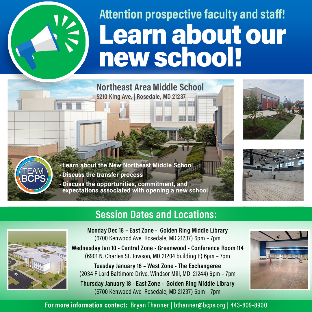 📣 Teachers who may be interested in transferring to the new northeast area middle school next school year are invited to join Principal Bryan Thanner at upcoming sessions around the county.