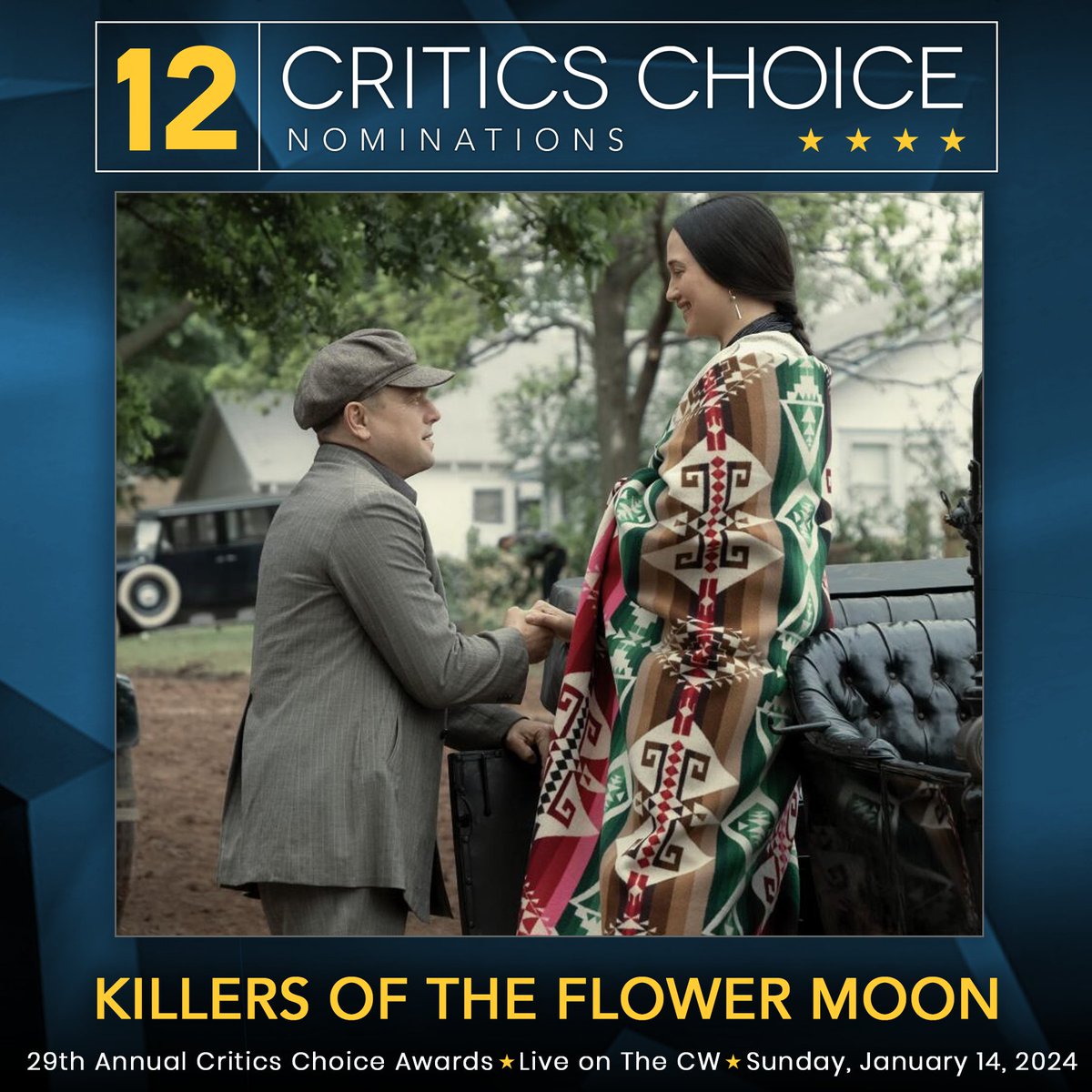 "Killers of the Flower Moon" has collected 12 Critics Choice nominations for the 29th Annual Critics Choice Awards, including Best Picture, Best Actor for Leonardo DiCaprio, Best Actress for Lily Gladstone, Best Supporting Actor for Robert De Niro, and Best Director for Martin