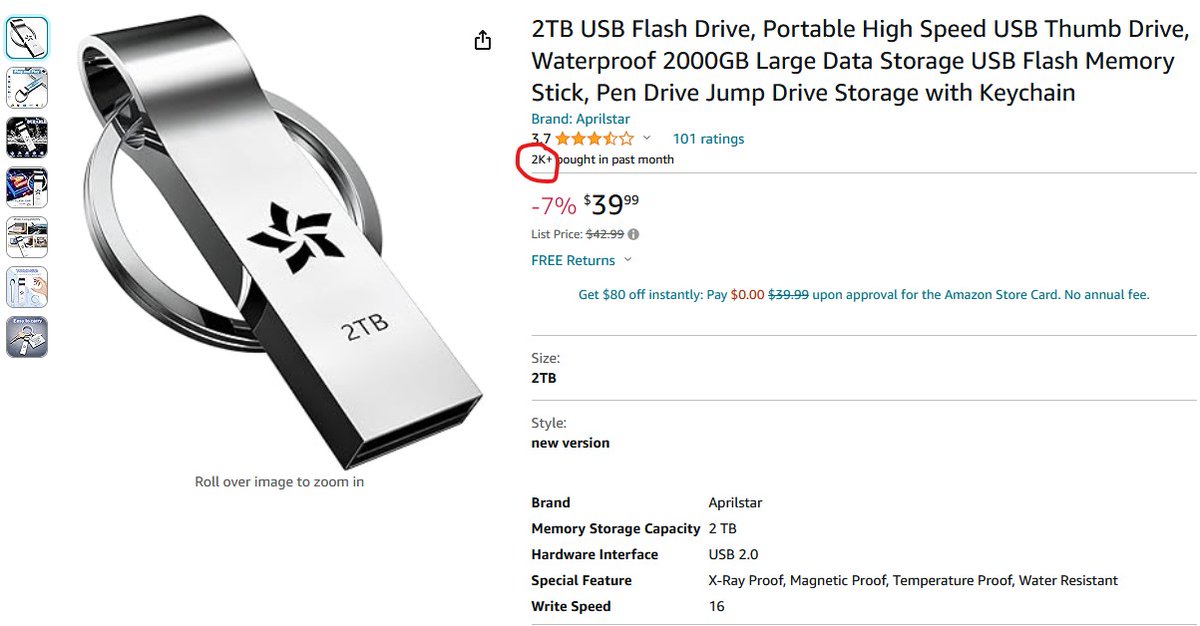 Legwork for an upcoming @anandtech review led me to an Amazon listing for a 2TB USB flash drive. 2K+ customers got conned in the past month alone. E-tailers need to curb the sale of obviously fake products like these.