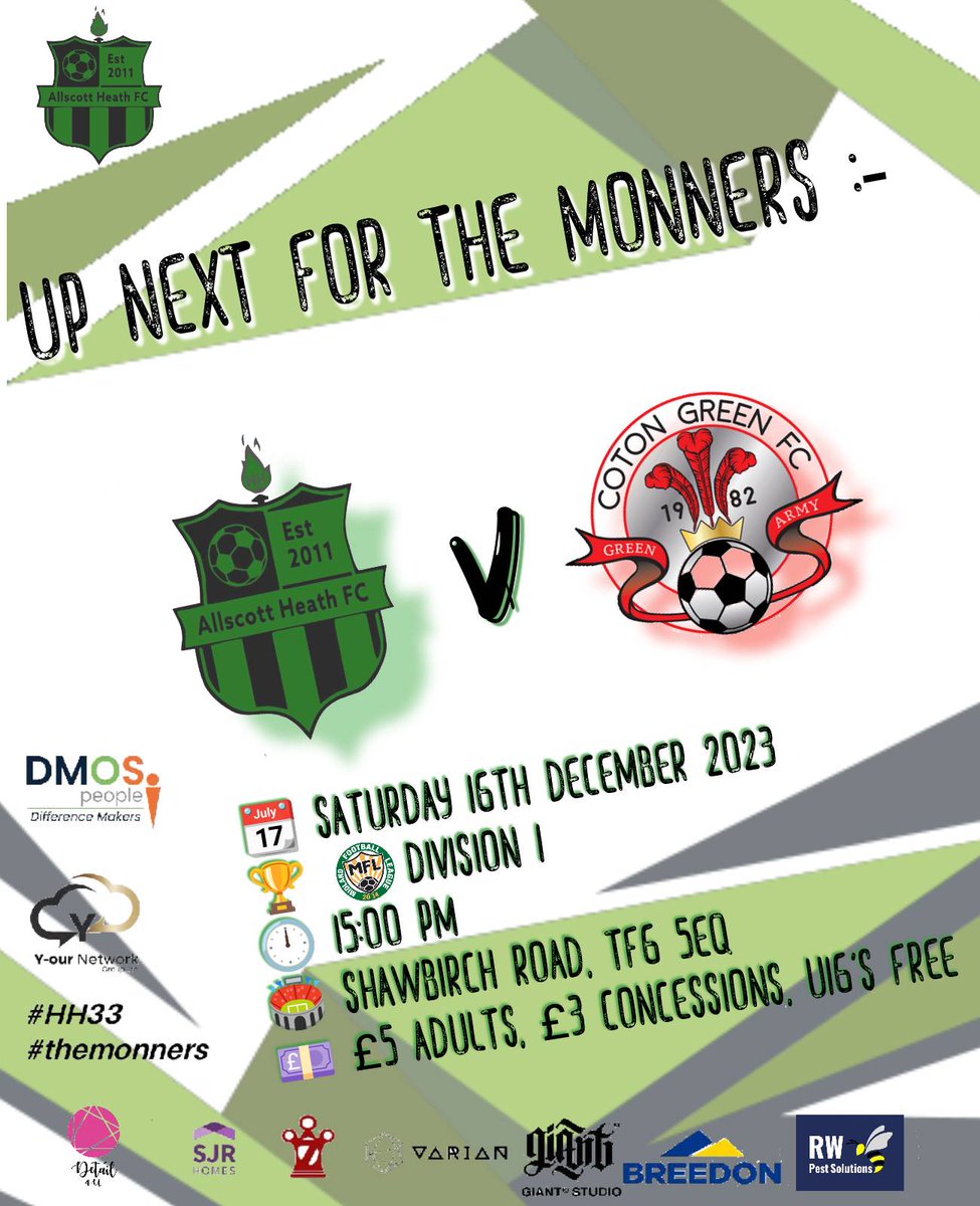 Allscott Heath FC (@allscottheathfc) on Twitter photo Up Next :-
After another postponement last week we try again this week as the Monners are set to take on <a href="/cotongreenfc/">Coton Green FC</a> at Shawbirch road.
<a href="/telfordutd/">AFC Telford United</a> are away so season ticket holders can gain entry at our concession price. Show your ticket at the gate to take advantage
🟢⚫ Up Next :-
After another postponement last week we try again this week as the Monners are set to take on <a href="/cotongreenfc/">Coton Green FC</a> at Shawbirch road.
<a href="/telfordutd/">AFC Telford United</a> are away so season ticket holders can gain entry at our concession price. Show your ticket at the gate to take advantage
🟢⚫