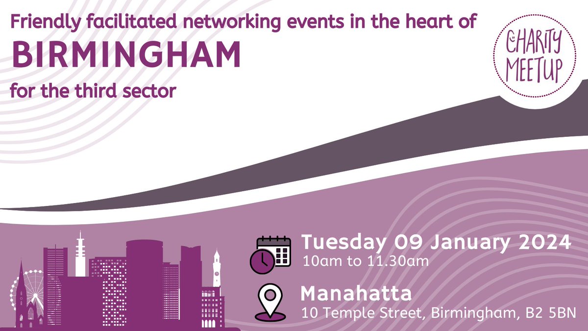 I'm excited to say we're relaunching our Birmingham #CharityMeetup networking events in our new home of Manahatta! Who fancies coming to the relaunch to grow connections, give/get support and share skills?eventbrite.co.uk/e/charity-meet… @BVSC #BrumCharityHour